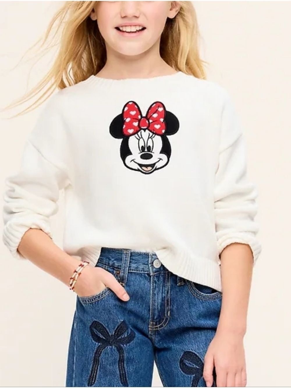 L ( 10-12 ) • Disney × Old Navy • Cream Knit Sweater W/ Embroidered Minnie Mouse